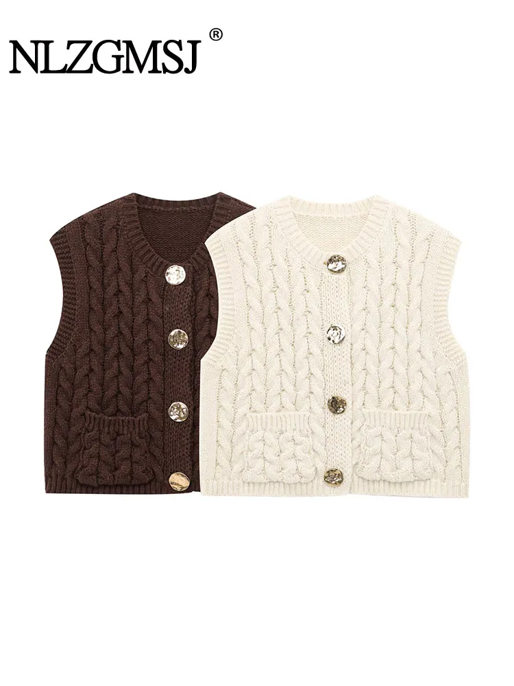 NLZGMSJ ผู้หญิงแฟชั่นแขนกุดหยาบถักเสื้อกั๊กเสื้อกันหนาวหญิง Chic กระเป๋าขนาดใหญ่ Patch ปุ่มเสื้อสเวตเตอร์ถักเสื้อกั๊ก Top