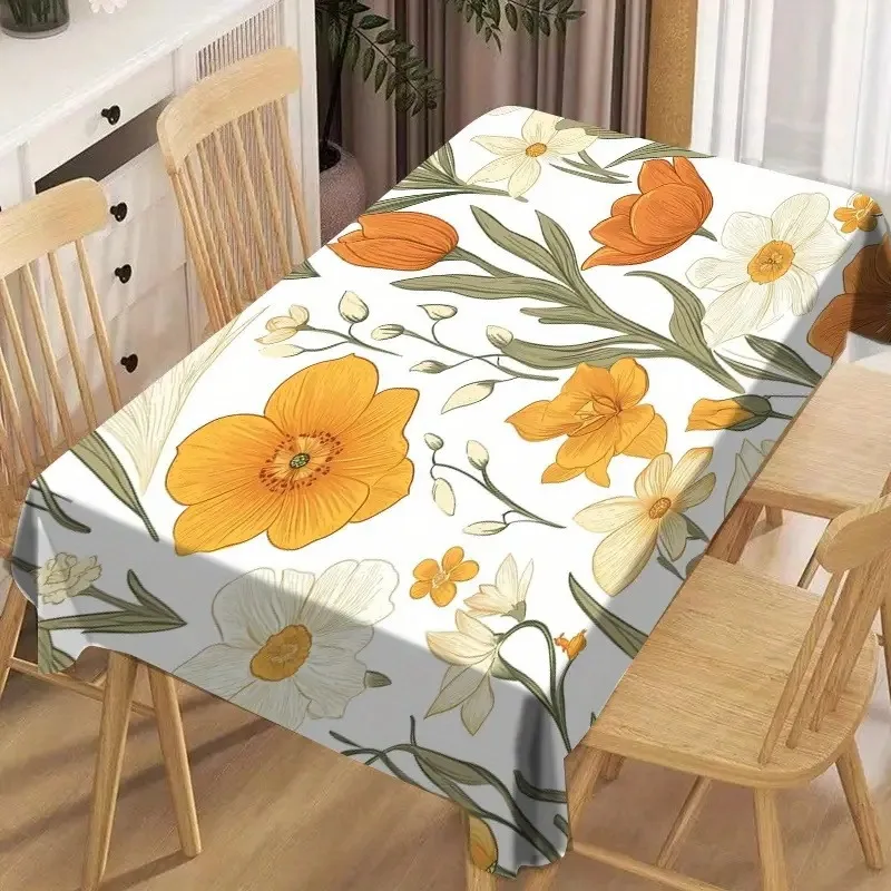 Waterproof Floral Botanical Tablecloth Polyester Dining Table Cover Yellow Orange Print Summer Spring Kitchen Decor Washable