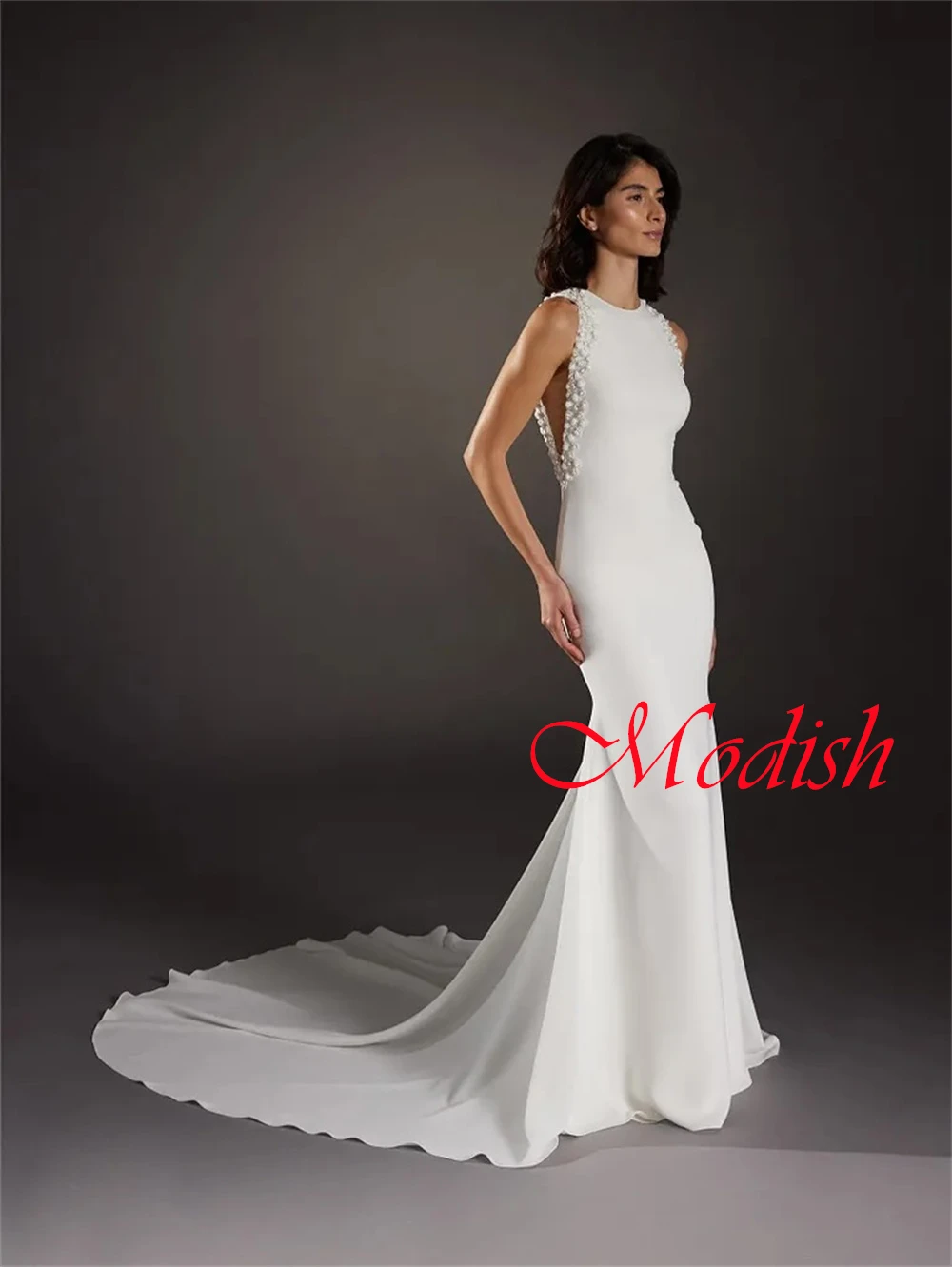 Customized Charming White Organza Wedding Dress Elegant Crew Neck Shawl Sleeveless Chapel Train Zipper Back Mermaid Bridal Gowns