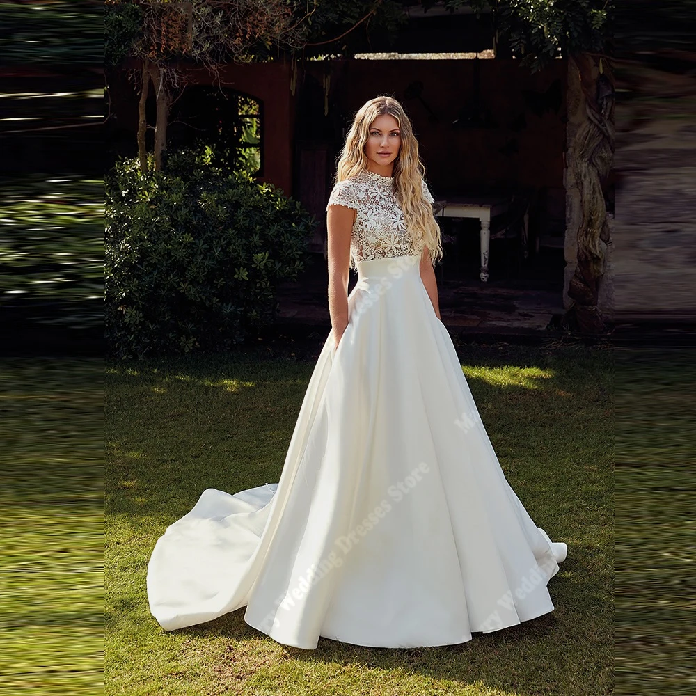 

Charming High Collar A-Line Wedding Dresses Sleeveless Lace Appliques Princess Bridal Gowns Banquet Princess 웨딩드레스 Customized