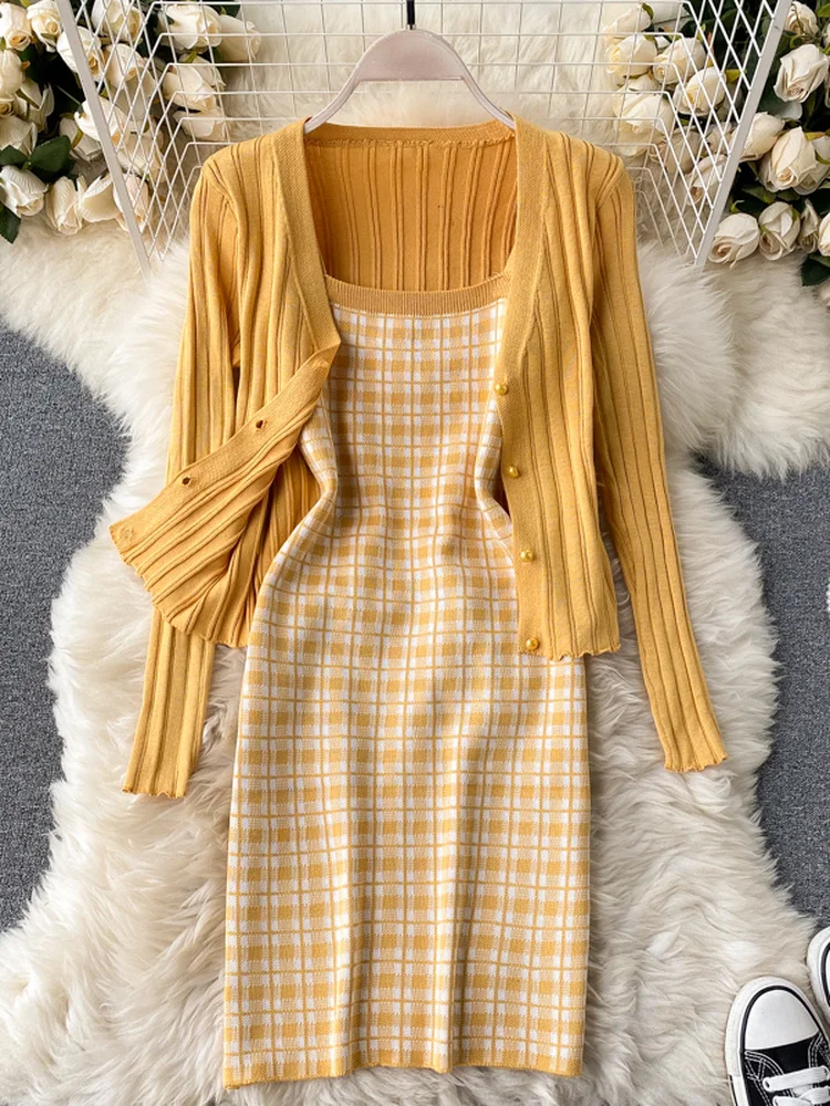 Elegant Dress Sets Women Spring Summer Y2k Cardigan +sleeveless Tank Dresses Korean Knitted Two Piece Set Chic Cute Outifits