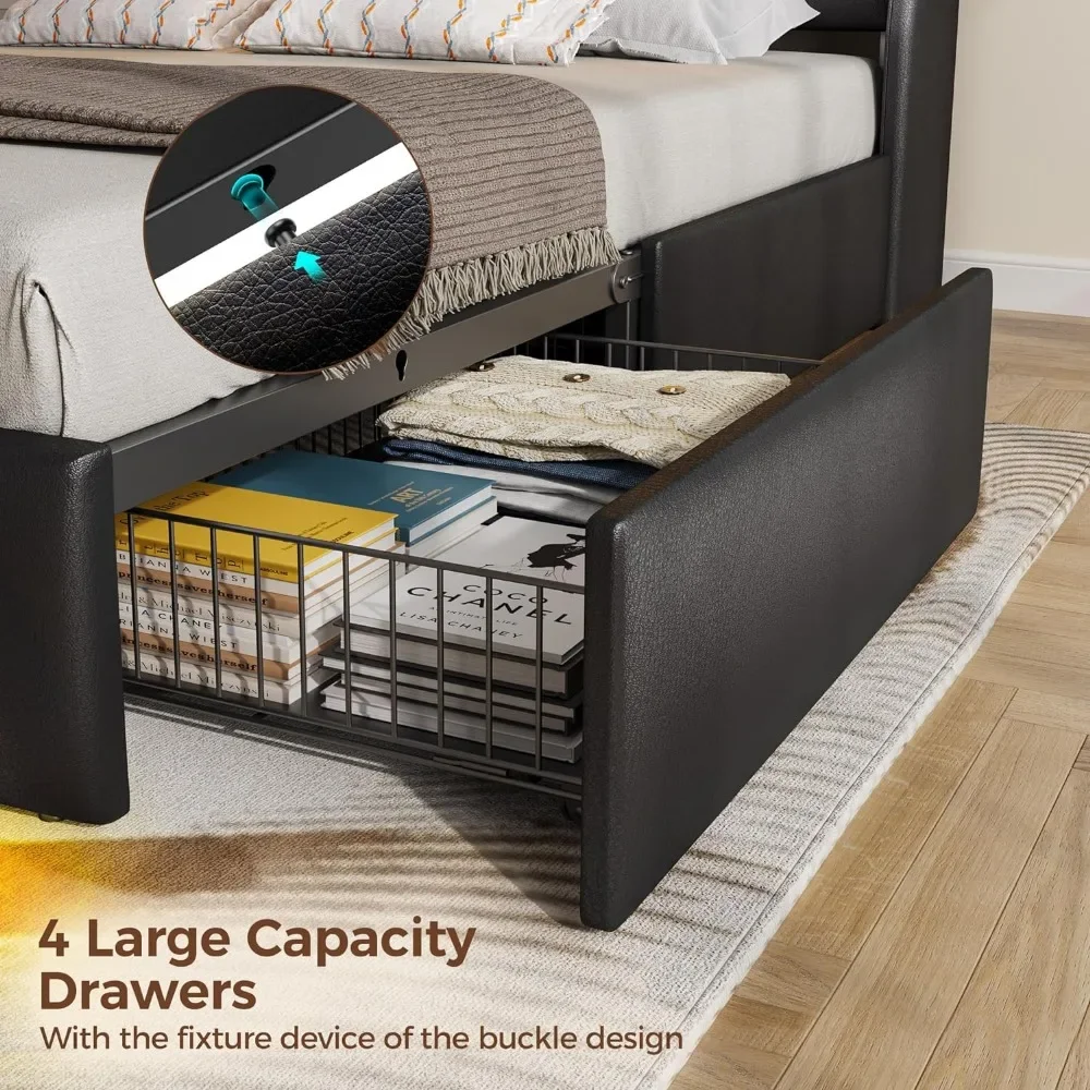 Twin Size Bed Frame with LED Lights and Charging Station, PU Leather Bed Storage Headboard & Drawers, Heavy Duty Wood Slats image 6