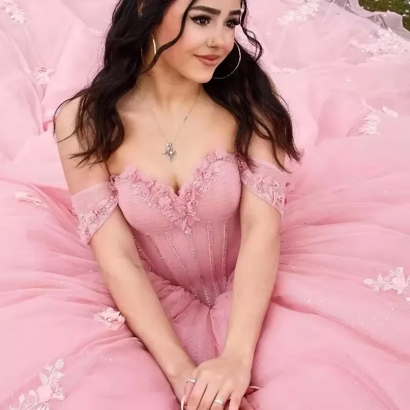 Personalizado rosa tule vestido de baile quinceanera vestidos com arco renda appliqued mexicano doce 16 vestidos de 15 anos