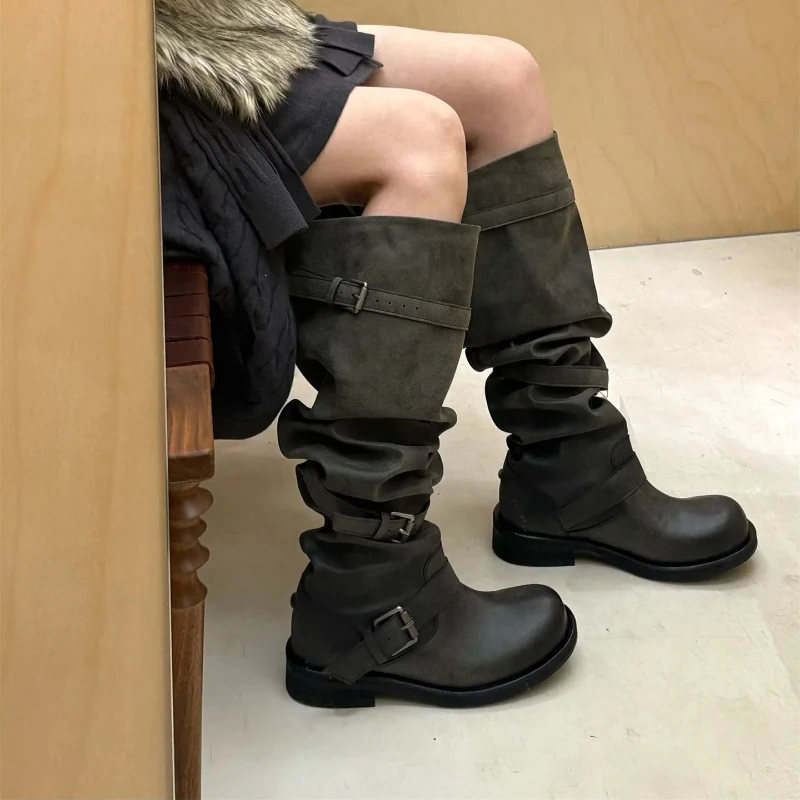 Knee-high Fashion Boots Women's New Style Korean Version Ultra-fine Fiber Material Round Toe Mid-Heel Soft Comfortable Shoes