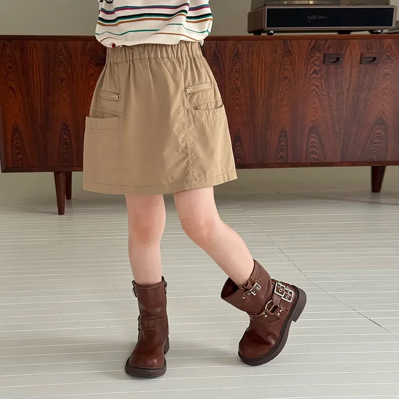 Girl Skirt 2026 Summer New Childrens Clothing Korean Style Girls Baby Fashionable Cargo Pocket Skirt Casual Simple Daily