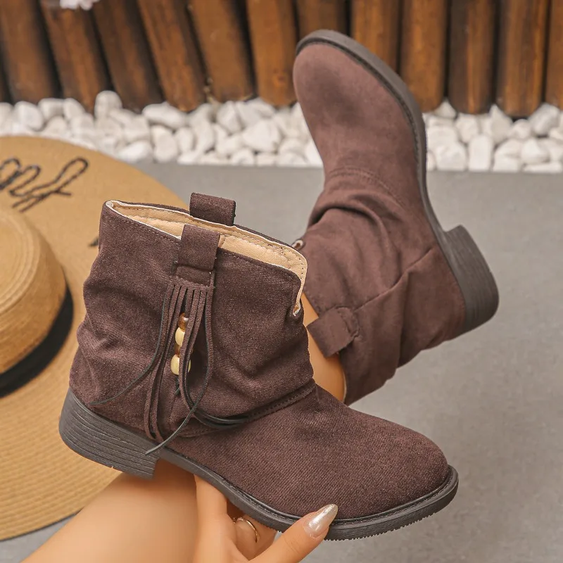 Tassel Pleated Pile Boots for Women 2026 New Autumn and Winter Retro Western Thick Heel Slimming High Heels
