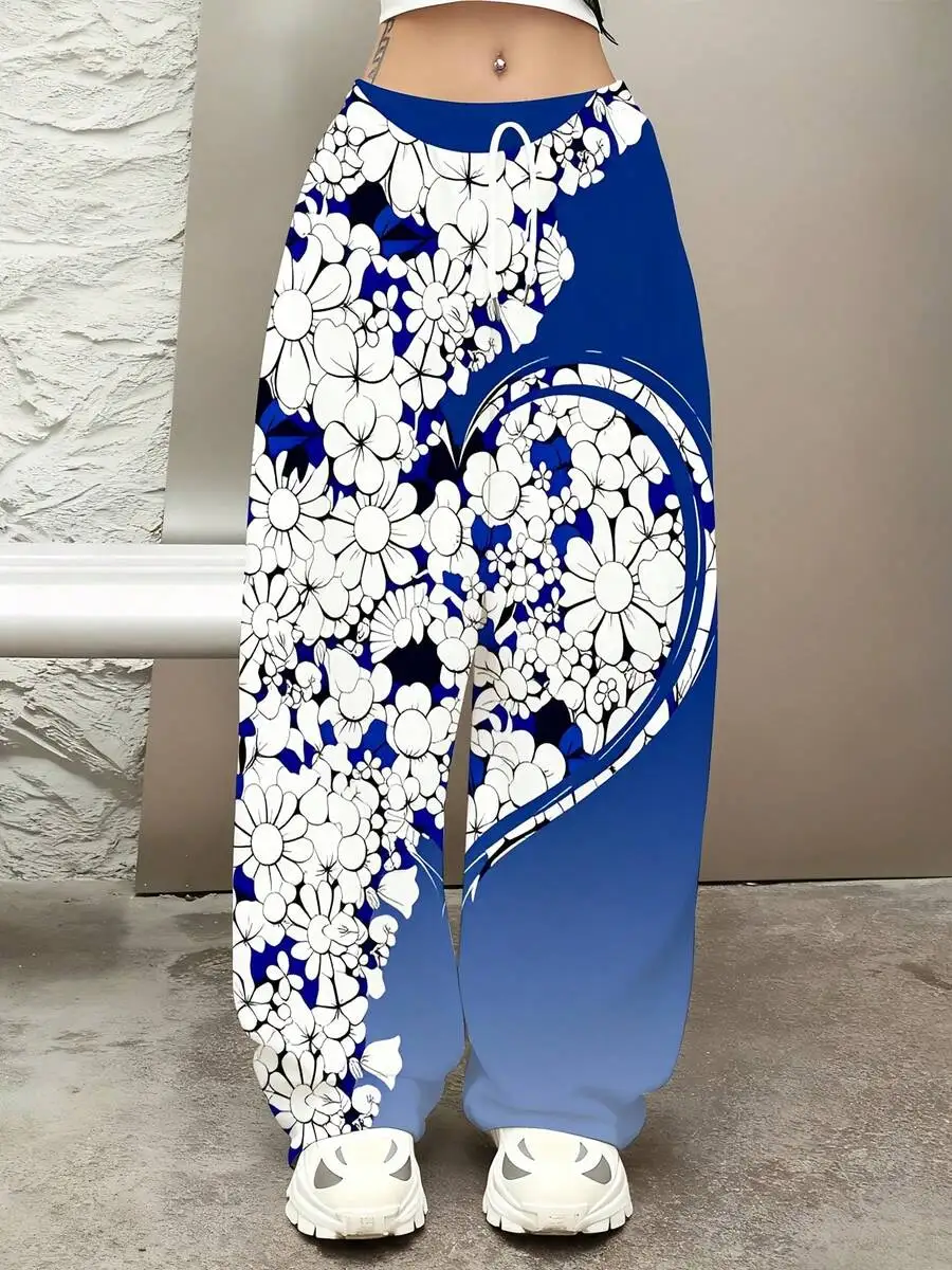 Floral Print Sweatpants With White Daisies And Lue Gradient Design For Casual And Sports Wear Comfortale Loose Fit Pants