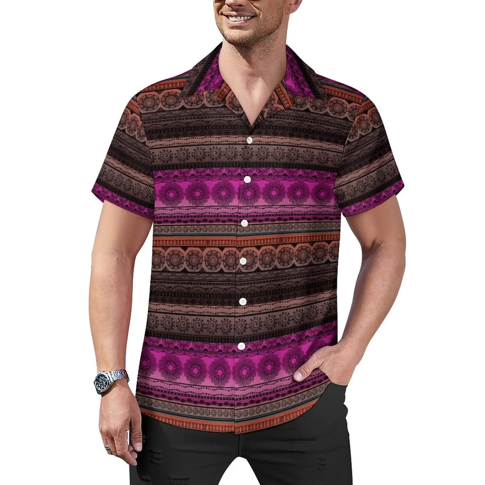 

Cute Tribal Print Blouses Male Pink Brown Casual Shirts Hawaii Short Sleeve Design Funny Oversize Vacation Shirt Gift