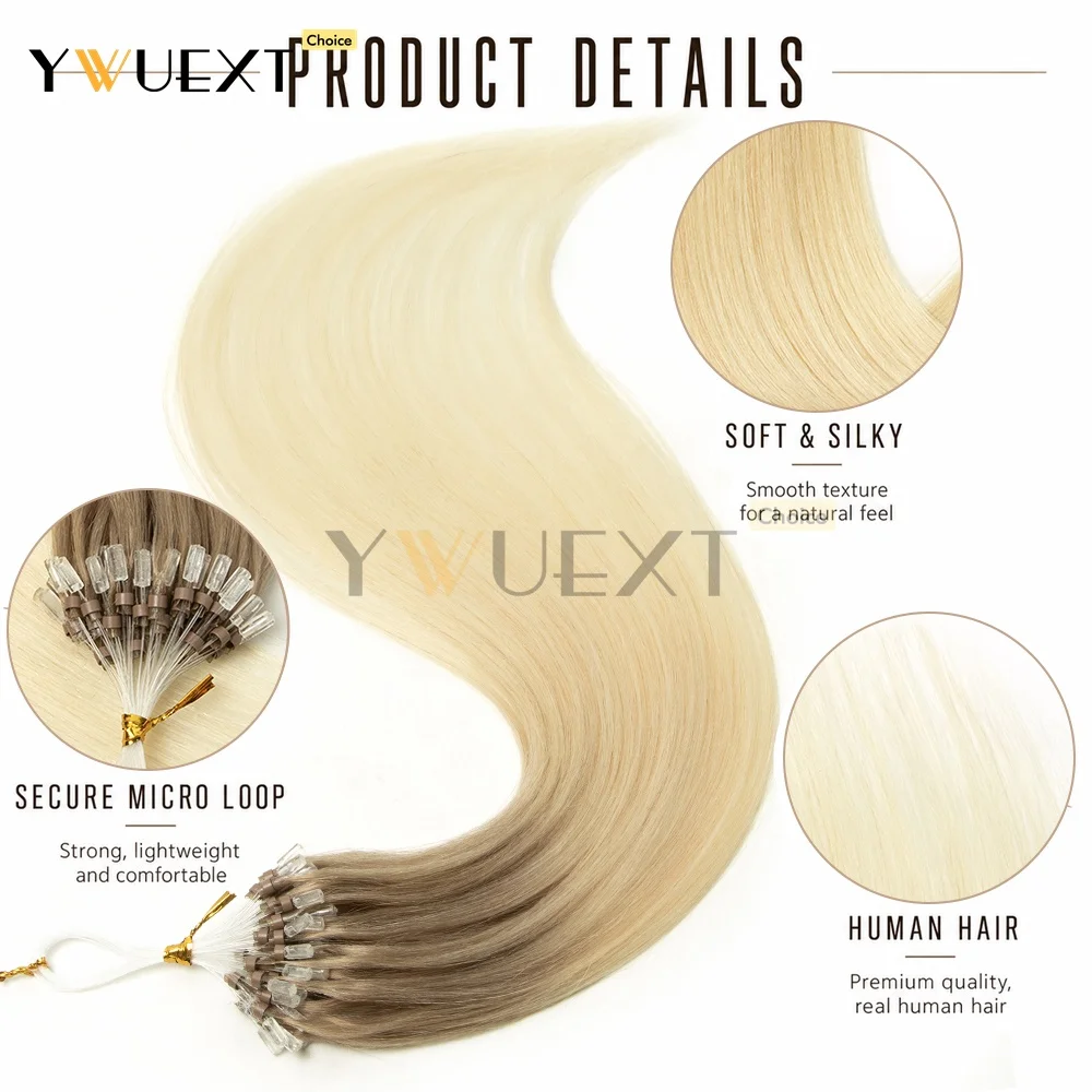 YWUEXT Gradient Colors Micro Loop Human Hair Extensions 16-20 inches 50pcs 30g/pack Natural Straight Microlink Hair for Women