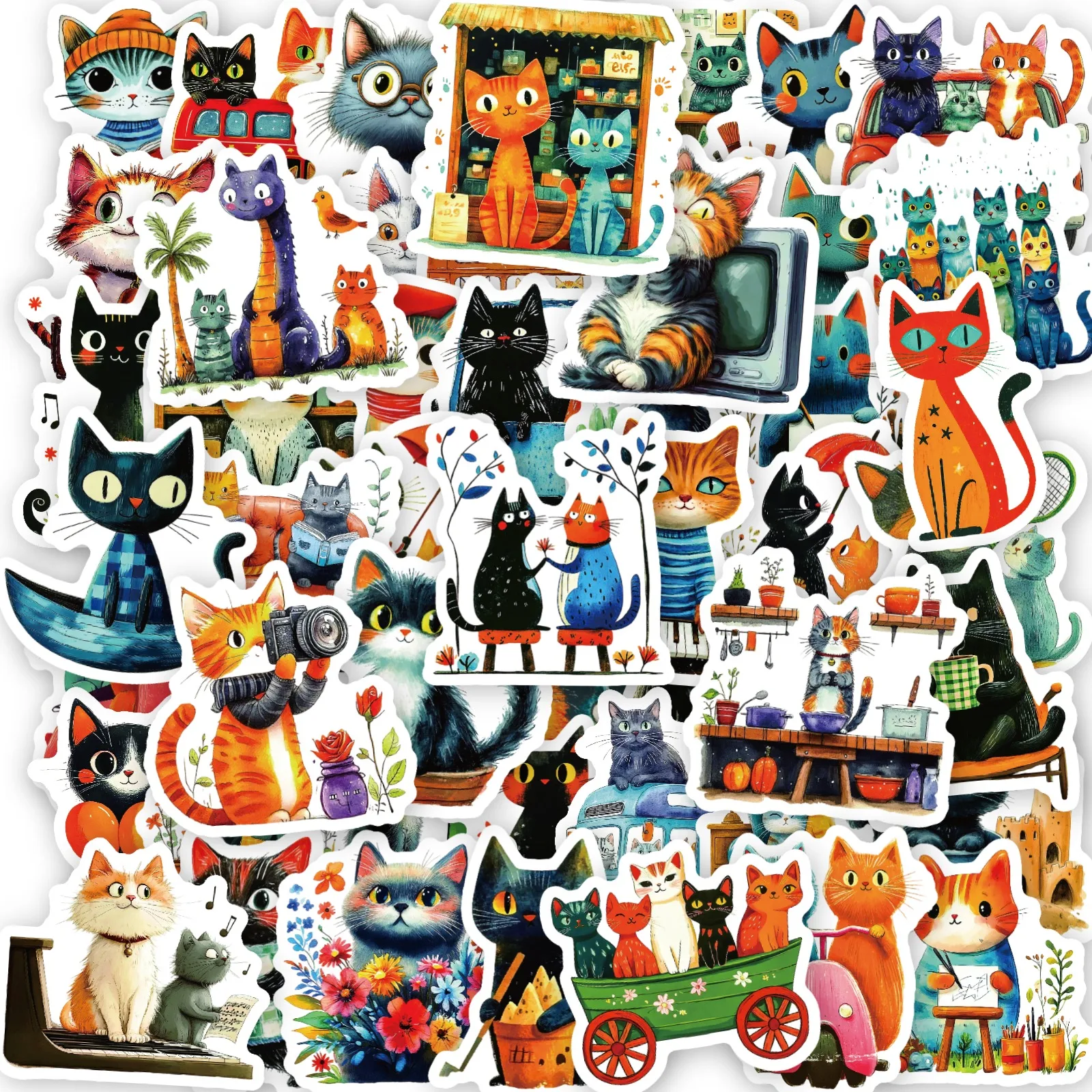 56 PCS Cartoon Cat Waterproof Stickers DIY Refrigerator Notebook Notebook Notebook Computer Water Cup Luggage Decoration