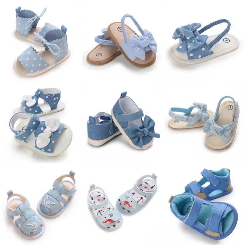 Blue 0-18M baby sandals for girls PU butterfly dew toe solid summer outdoor soft sole non slip rubber baby shoes for learning to