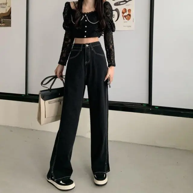 

Vintage High Waist Black Jeans Women Korean Version of Ins Loose and Thin Wide-leg Pants College Style Wild Straight-leg Pants