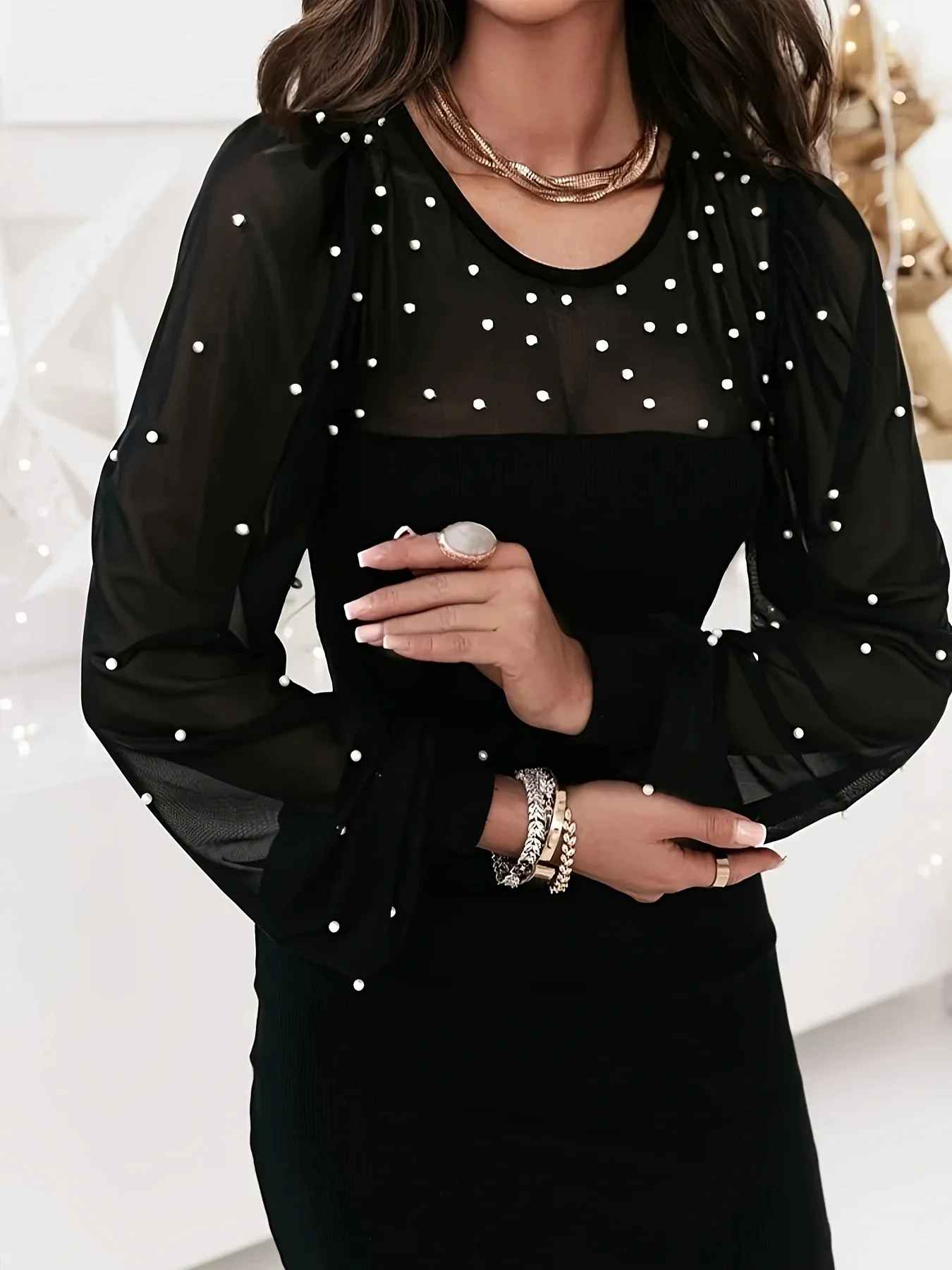 Feminino preto pérola embelezado sheer puff manga em torno do pescoço cabido elegante casual festa diária moda mini vestido