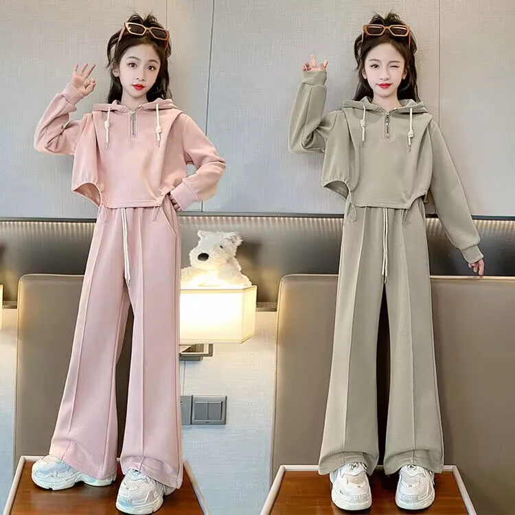 

Girls' hooded sweatshirt set, girls' fashionable and chic straight-leg wide-leg pants two-piece set Korean style for children