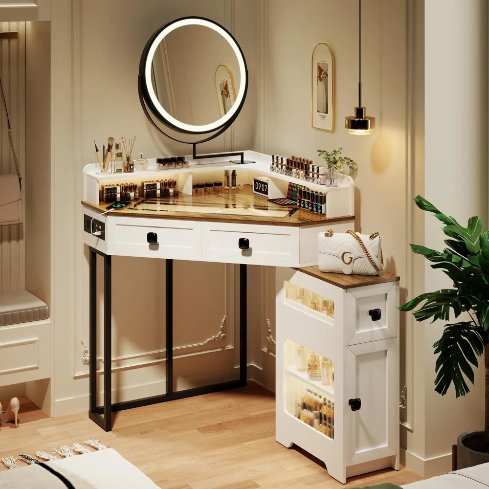 Corner Vanity with Mirror and Lights,Makeup Vanity Set with Charging Station,Glass Top Vanity Table with Drawers and Shelves