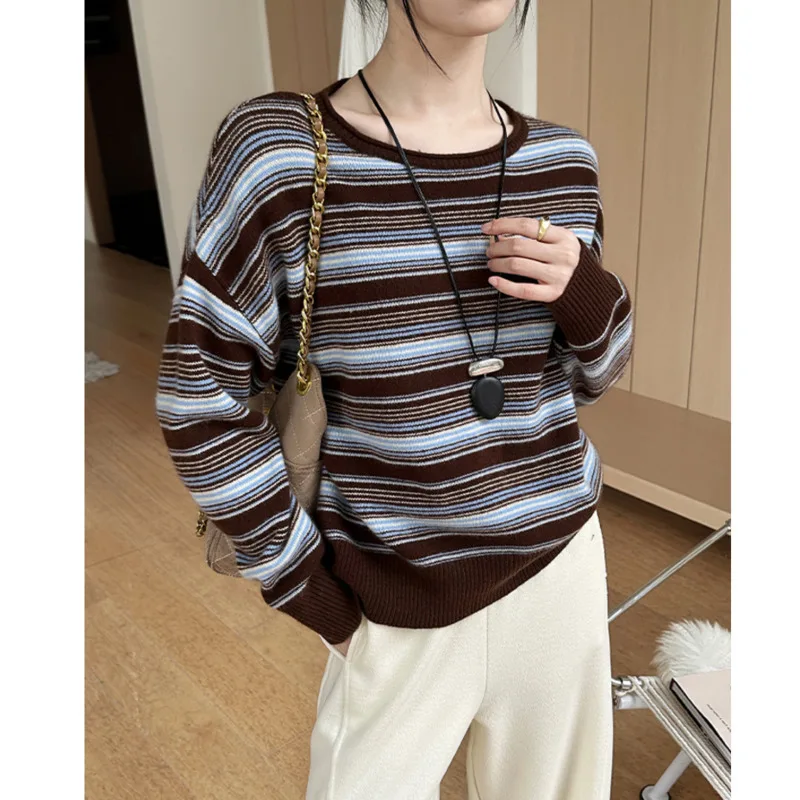 

Vintage 100% Wool Striped Sweater Autumn Winter Women Round Neck Color Block Loose Knitted Pullover Sweater