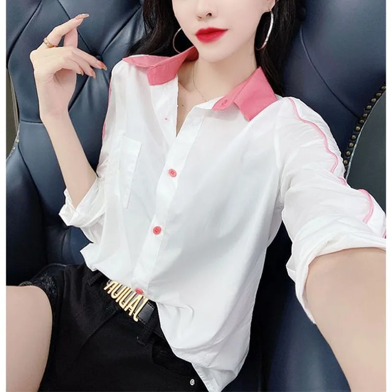 Summer New Women\'s Spliced Color Polo-Neck Button Pockets Casual Fashion Loose High Street All-match Three Quarter Shirt Tops