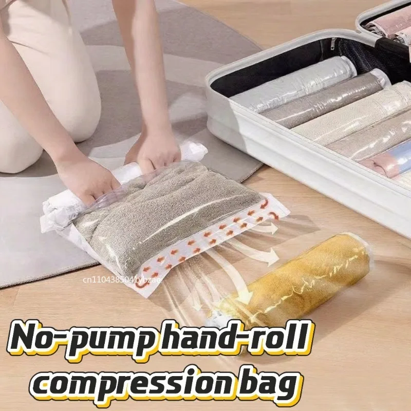 1–15 Stück handrollender Kompressions-Vakuumbeutel für Kleidung, faltbarer komprimierter Beutel, Aufbewahrungstasche für Reisen, platzsparende Siegelbeutel
