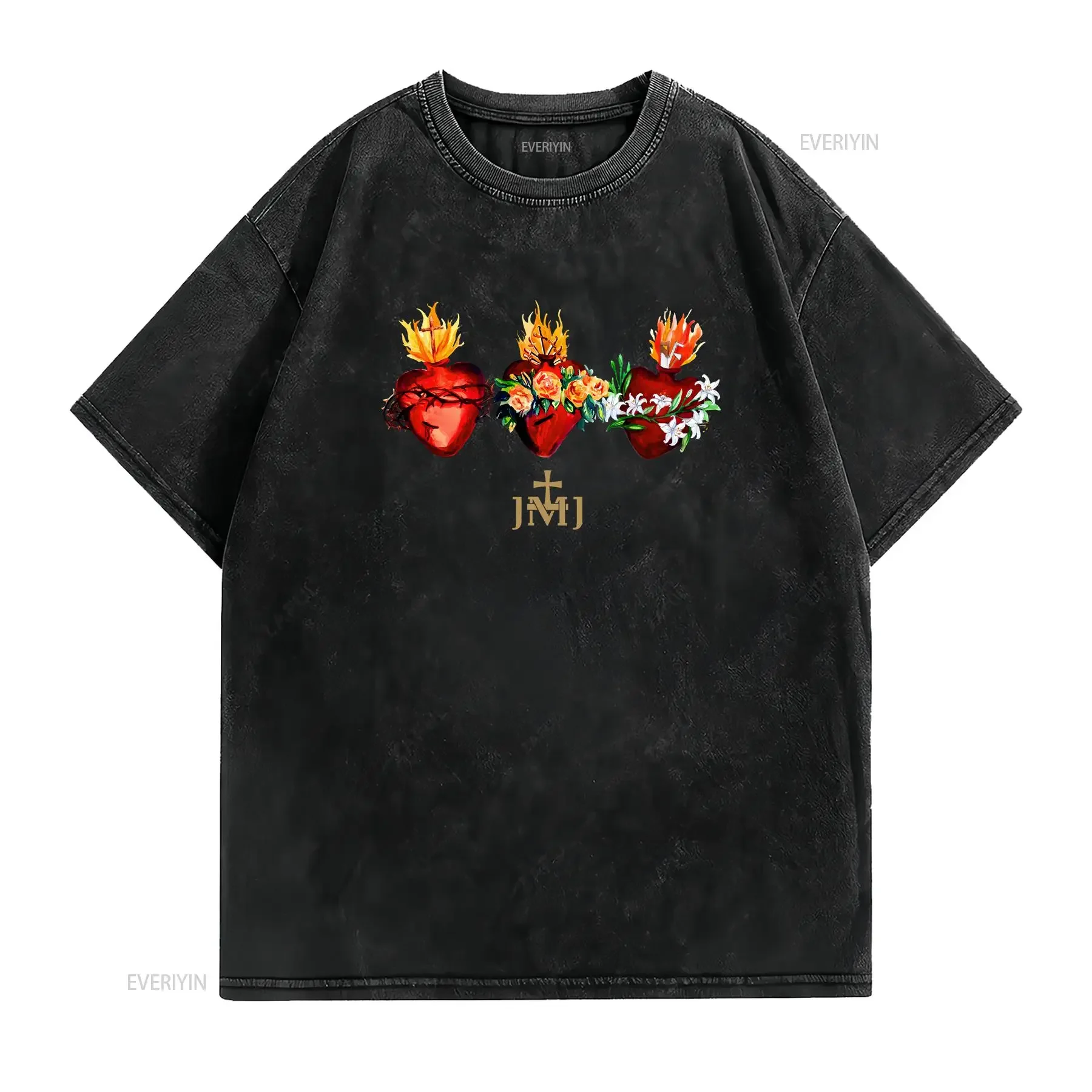 Three Sacred Hearts of Jesus Mary Joseph JMJ Catholic T Shirt vintage Washed fashion Breathable streetwear Unisex homme