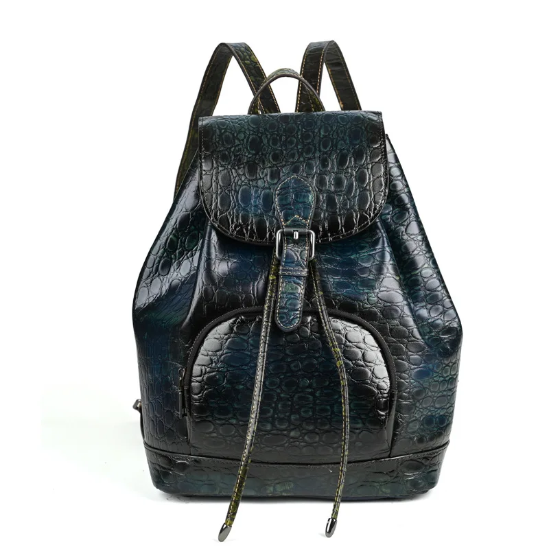 Vintage Woman Genuine Leather Backpack Luxury Ladies Real Cow Leather Double Shoulder Bag Crocodile Pattern Travel School Bags