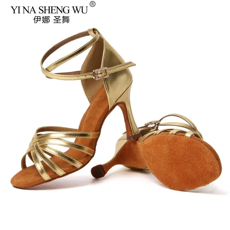 รองเท้าเต้นรำละตินสำหรับผู้หญิง พื้นนุ่ม รองเท้าเต้นบอลรูม แทงโก้ รองเท้าเต้นรำในร่ม สีทอง ส้นสูงแบบคิวบา 5ซม./7ซม./8ซม. รองเท้าเต้นรำสำหรับงานปาร์ตี้ ขายส่ง