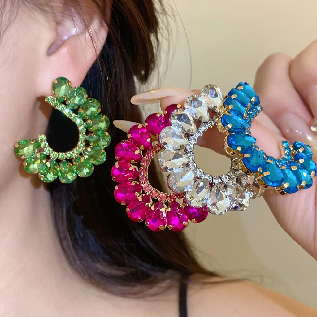 Colorful Rhinestone C‑Shape Hoop Earrings Hollow Circle Sparkly Statement Earrings Party Evening Trendy Jewelry for Women