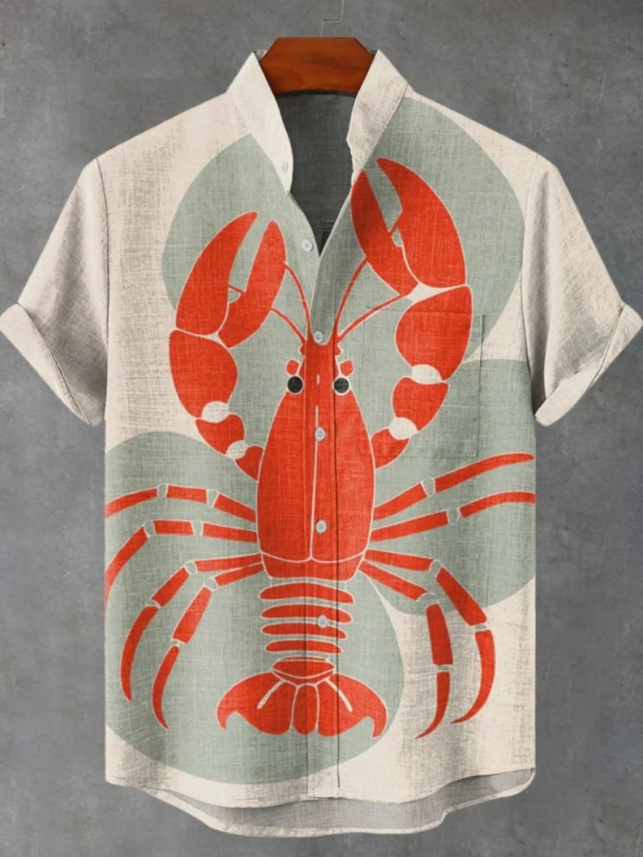 2025 Men's Lobster Pattern Short-sleeved Shirt Summer Vintage New Linen Shirt Men's Short-sleeved Leisure Holiday Streetwear