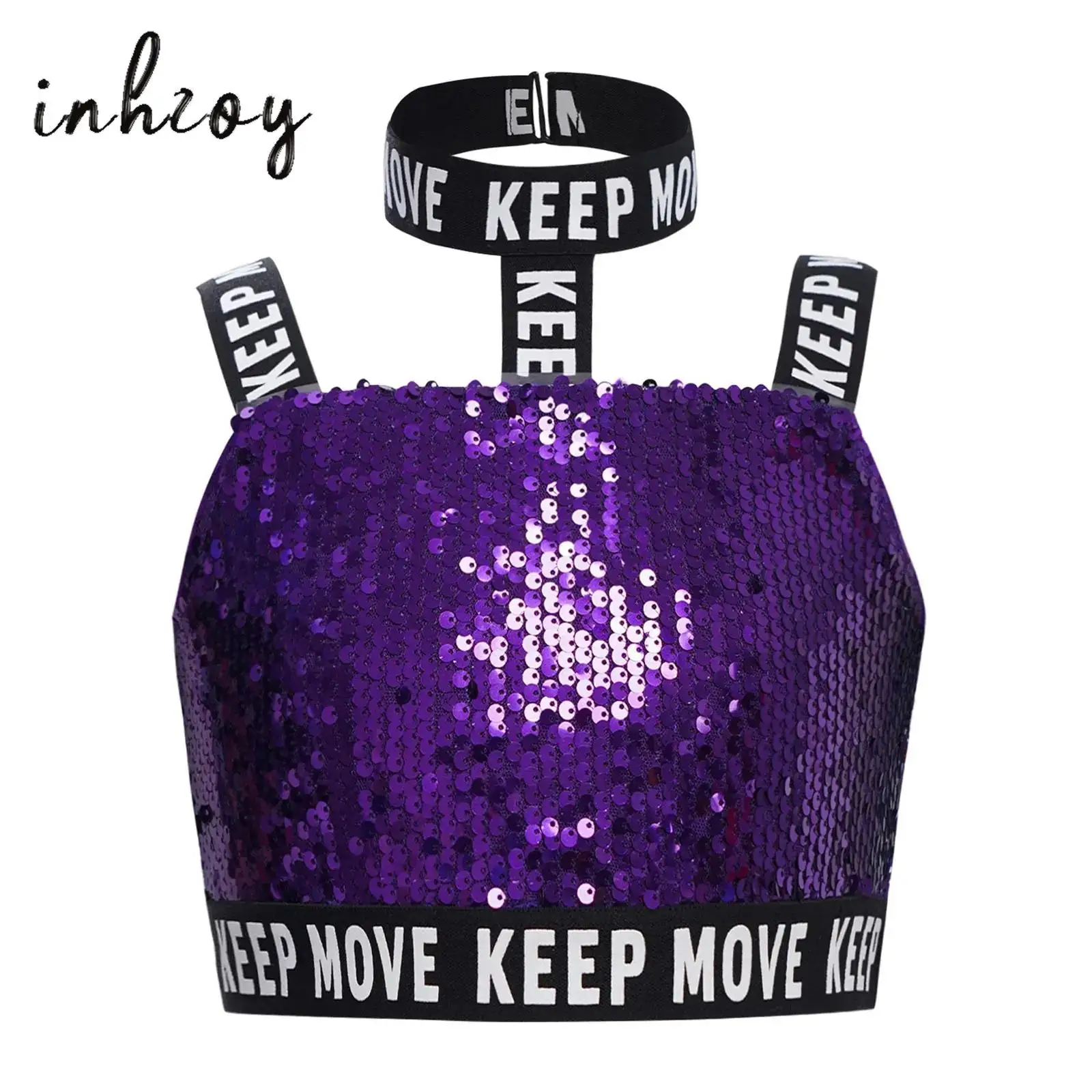 

Kids Girls Glittery Sequins Hip-Hop Jazz Dance Top Halter Wide Shoulder Straps Tank Cropped Vest for Stage Performance Costume