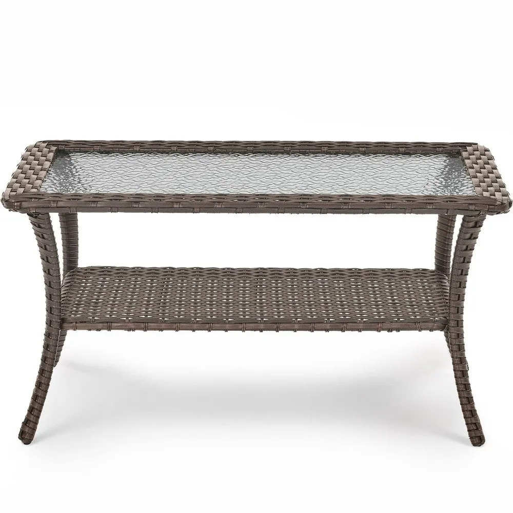 Patio Coffee Table for Outdoor Furniture Set 2 Tier Storage Wicker Side Tables with Smooth Clear Tempered Glass