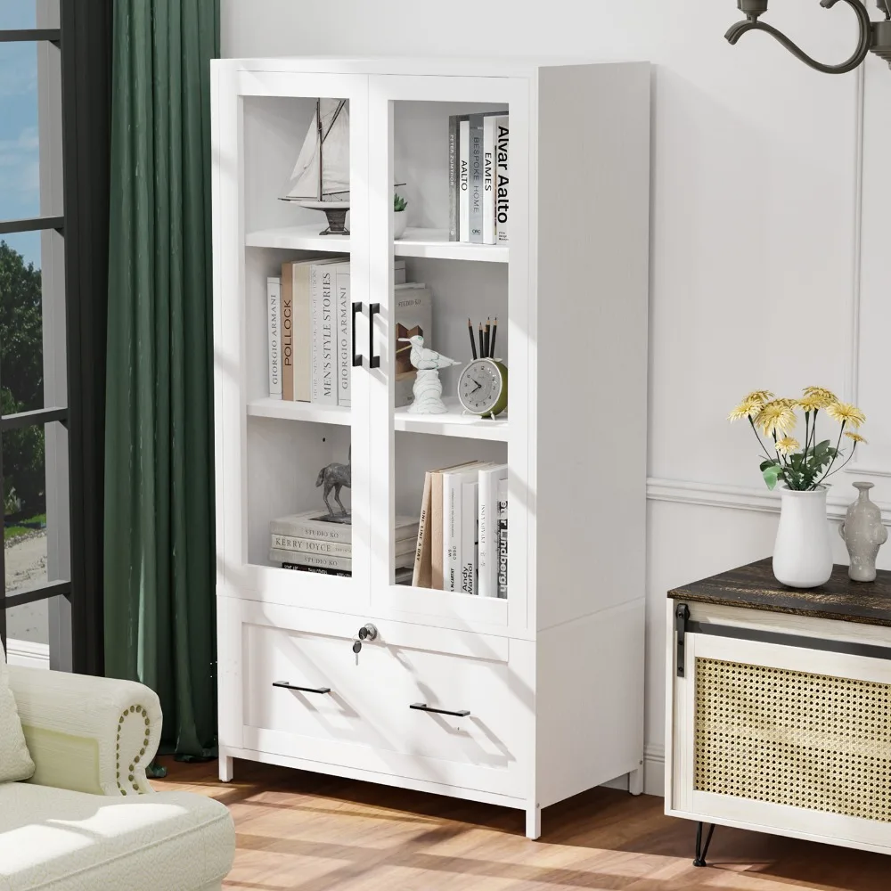 

White Lateral File Cabinet With Lock and Bookcase with Glass Doors, Letter/Legal