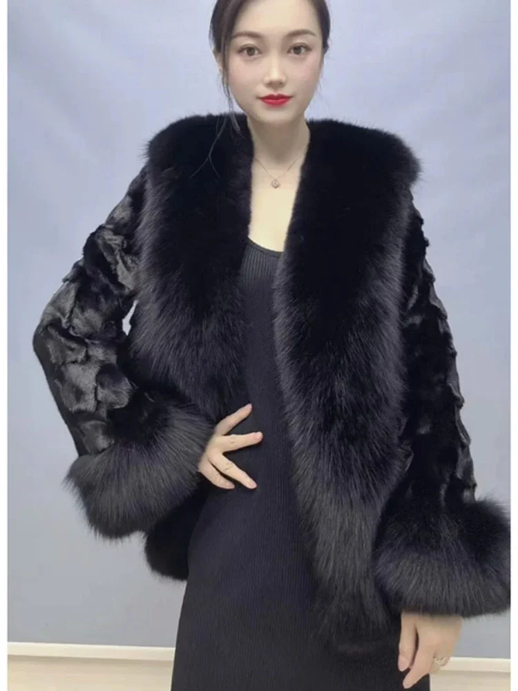 Cardigan de luxe chaud mi-long pour femme, vêtement d'extérieur en vraie fourrure de vison, manteau à grand col, de haute qualité, nouvelle collection automne-hiver 2025