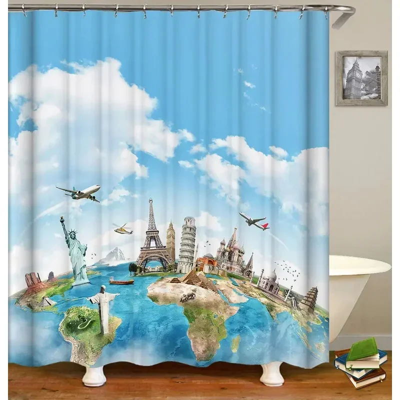 خمر خريطة العالم دش الستار الثقافة الشهيرة معلم تمثال الحرية برج ايفل بيغ بن للماء الحمام ديكور SXT6 @!