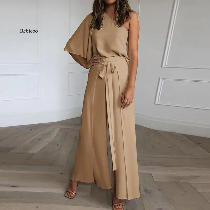 

Women Summer Diagonal Collar Off-the-shoulder Overalls Solid Flared Sleeves Belt Shirt Jumpsuit Lady Elegant Office Piece Romper