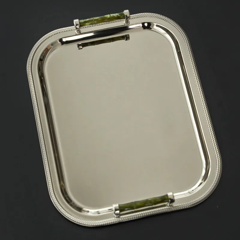 Simple modern metal emerald handle silver rectangular tray for tabletop storage decorative ornaments