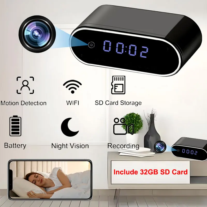4K Ultra HD Smart Alarm Clock Camera with 32GB SD Card Wi-Fi Wireless Indoor Home Cam 110° Angle Night Vision/Motion Detection