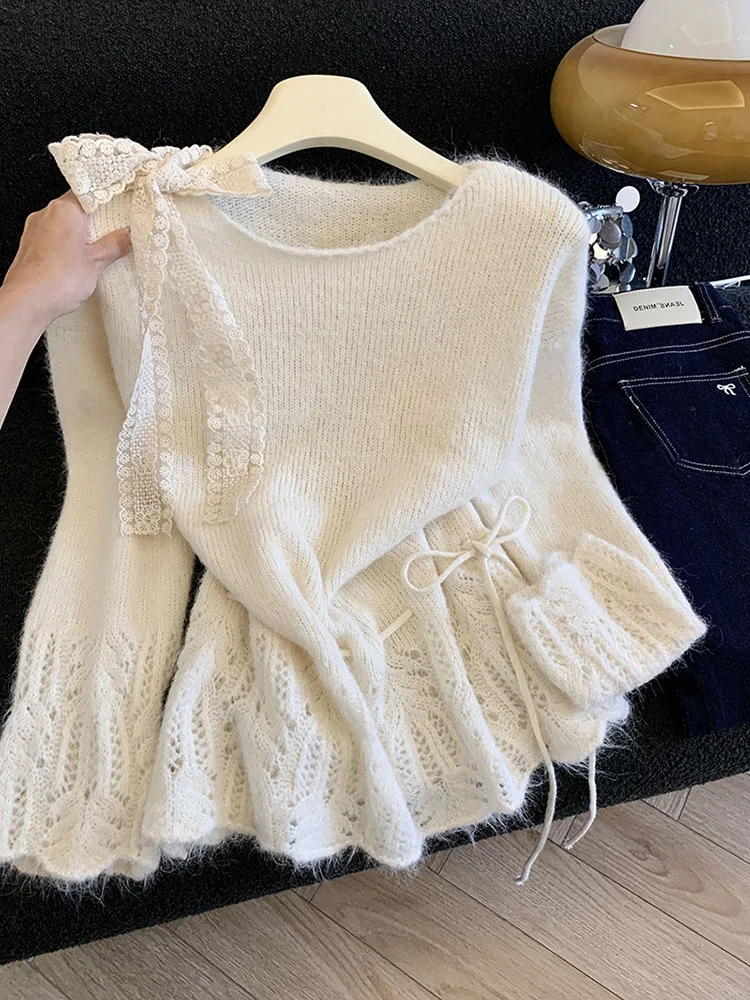 Off Shoulder Knit Sweater Women Chic Bow Patchwork Lace Up Slant Collar Pullovers Casual Elegant Drawstring Sweet Preppy Jumpers