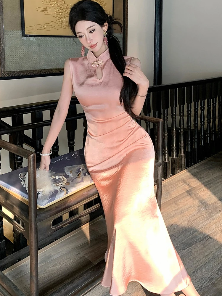 2025 ピンクアセテートサテンシックなノースリーブマキシドレス女性エレガントな高級フェスティバルイブニングドレス夏の韓国ボディコンウエディングドレス