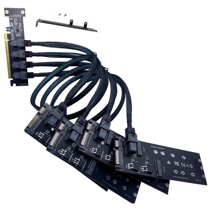PCI‑E X16 To 4‑Port SFF‑8643 Splitter Card M.2 SSD Adapter NVME SATA M‑Key&B‑Key 2230‑2280 Expansion Card For Desktop Server NAS