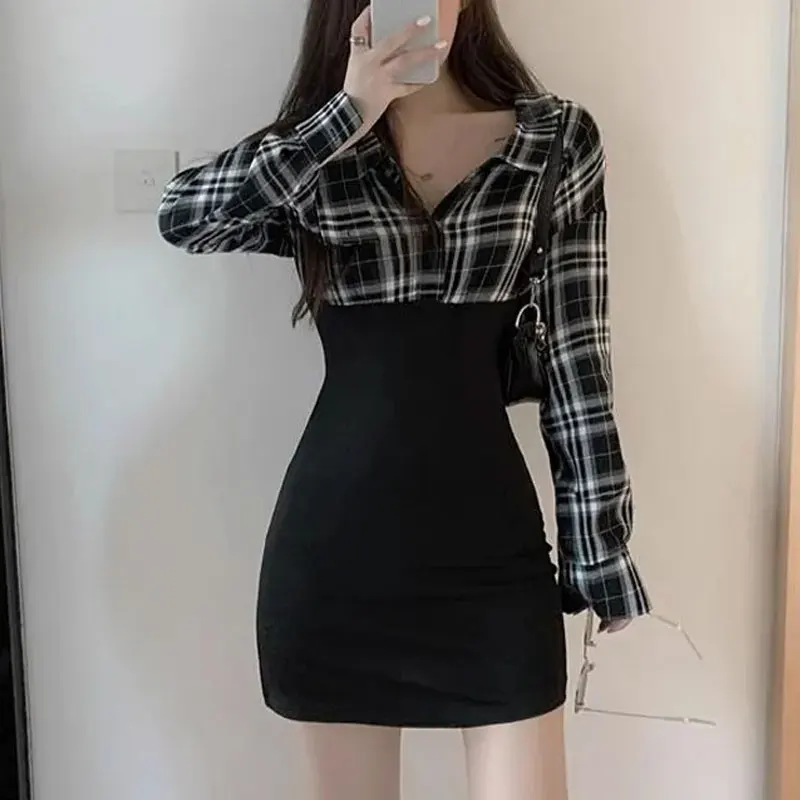 Korean Plaid Fashion Patchwork Dresses Autumn Long Sleeve Waist Slim Female Clothing Turn-down Collar Elegant Bag Hip Mini Dress