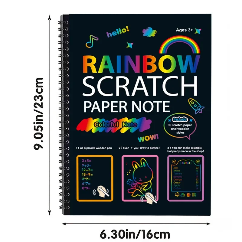 1pcs 16 * 23 Colorful  Scratch Paper Art Book Black DIY Rainbow Art Paper Card Neon Scratch Book with Wood Stick