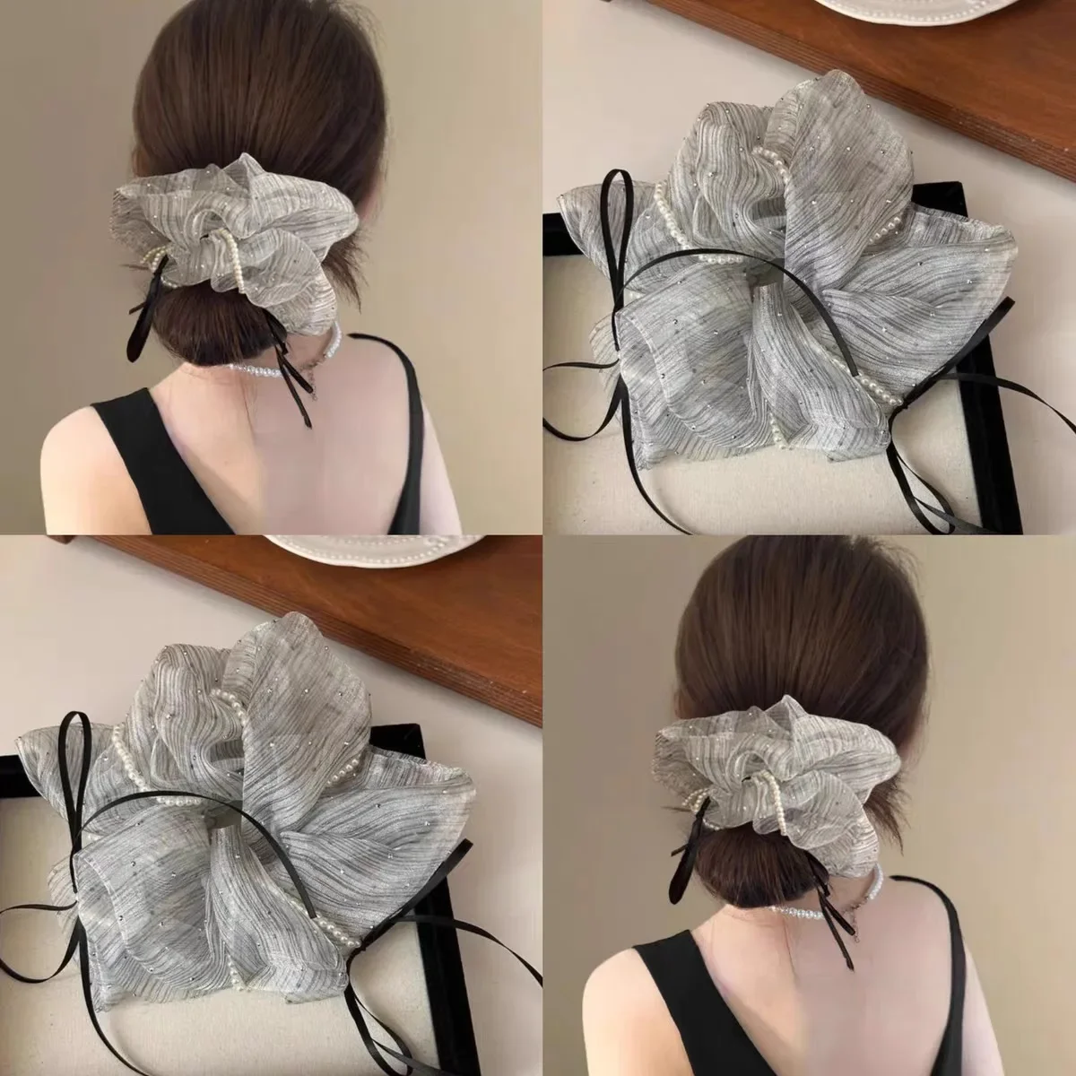 1 Stück Schleifenknoten-Haargummi mit Perlen aus Tüll - Hochwertiges Damen-Haarband, Süßes und Elegantes Elastisches Haargummi