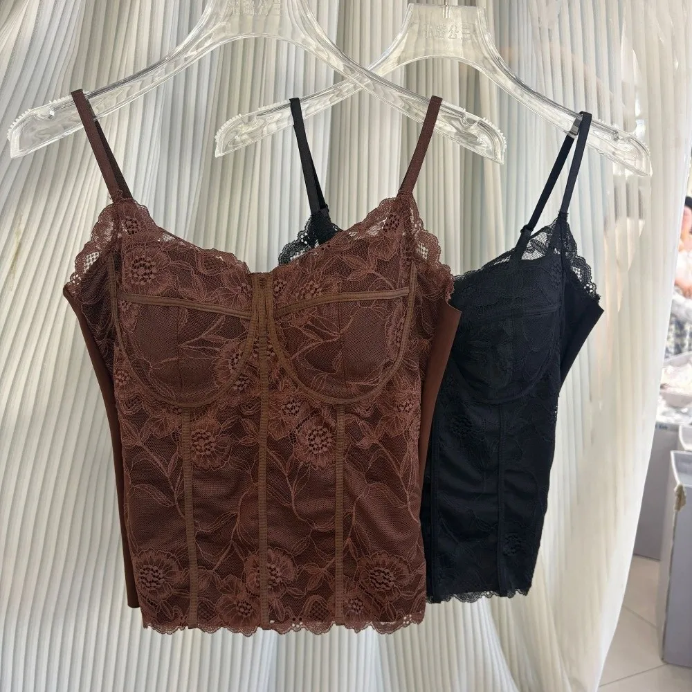 Mesh Flower Slim Lace Crop Top Sweet Fish Bone Lines Girl's Vest Top V Neck Spicy Girls Style Camisole with Pads Women