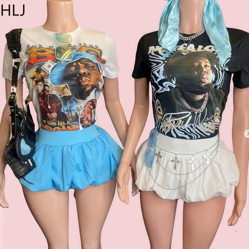 HLJ Fashion Letter Print 2 Piece Sets Woman Outfit Short Sleeve T-Shirt + Bubble Puffy Mini Skirts Female Streetwear 2025 New