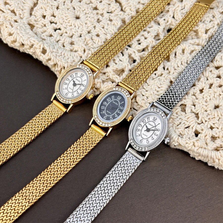 Vintage Watch for Ladies: Oval Diamond-Set Dial Wheat Grain Steel Band Classic Retro Women's Wrist Watch