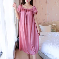 Womens Summer Lace Ice Silk Nightdress Short Sleeve Loose  Nightgown XL