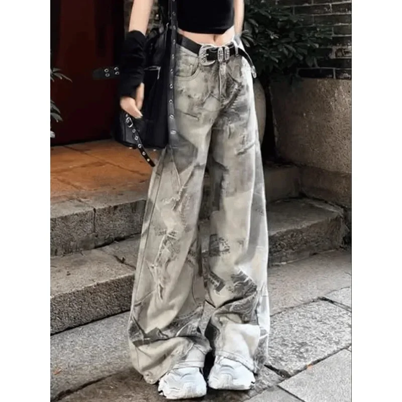 Women's High Waist Straight Jeans, American Vintage Printing,Casual Y2K Wide Leg Pants, Baggy Grunge, Washed Denim Trouser, 2000