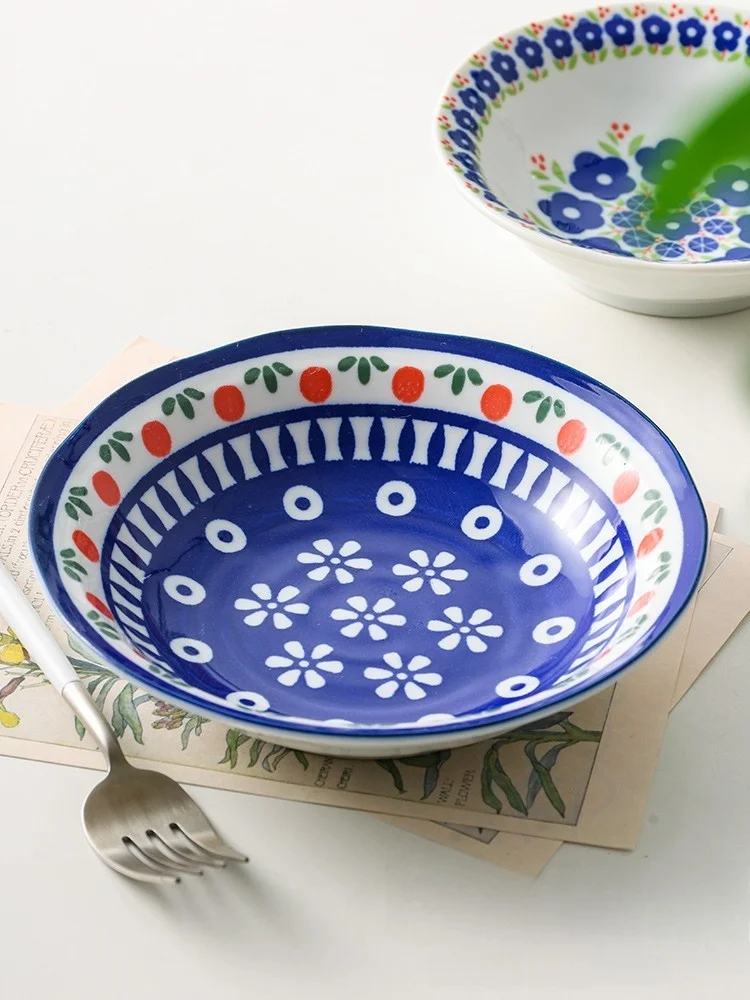 

Japanese Sle Cerc Flower Dinnerware Deep Di round Plate Underglaze Color Small Deer Kiln Baked Home Use Dining Set