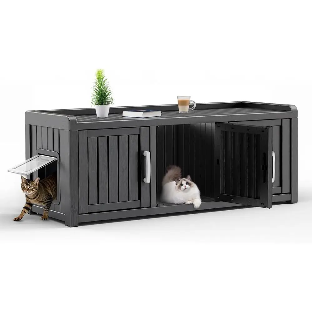 Durable Three-Door Resin Cat House for Outdoor and Indoor Use with Sturdy Bench and Storage Options