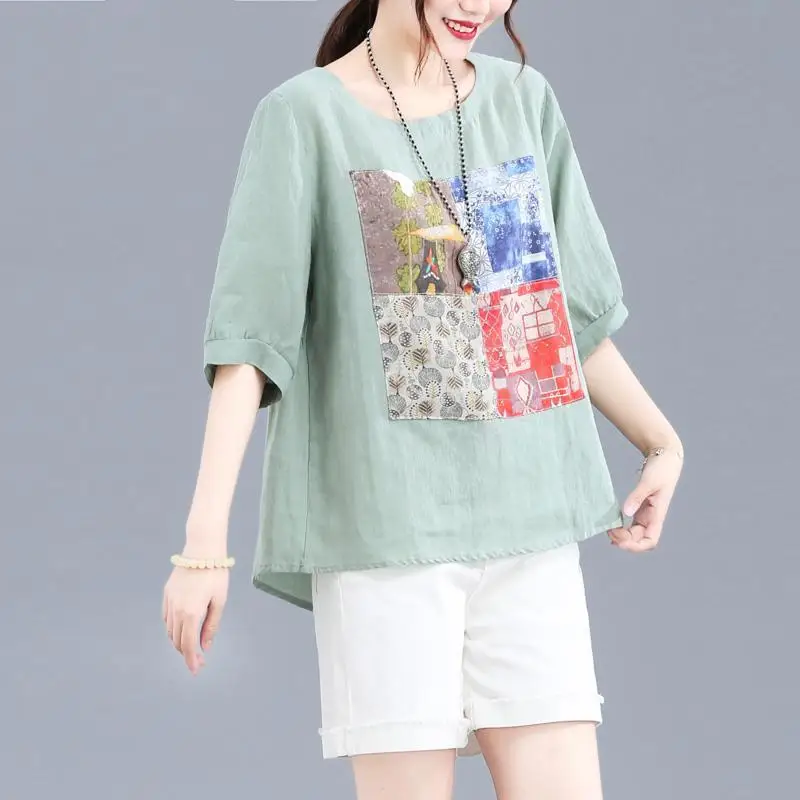 Women Vintage Print Bow Oversized Cotton Linen Blouse Summer Simple Casual Short Sleeve Shirt All Match Comfortable Tops Blusas