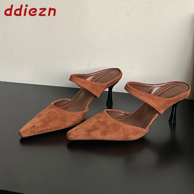 

New Autumn Spring Fashion Pointed Toe Women Heels Pumps Slides Mules Shoes Thin High Heels Sandals Shallow Ladies Slip On Shoes